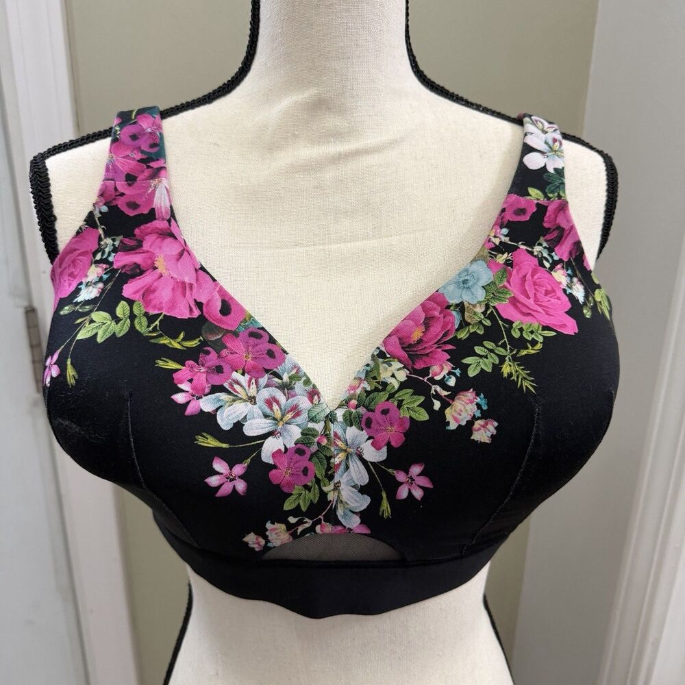 CACIQUE Womens Size 40DD Lightly Lined No Wire Floral Print Wide Strap Bra Black